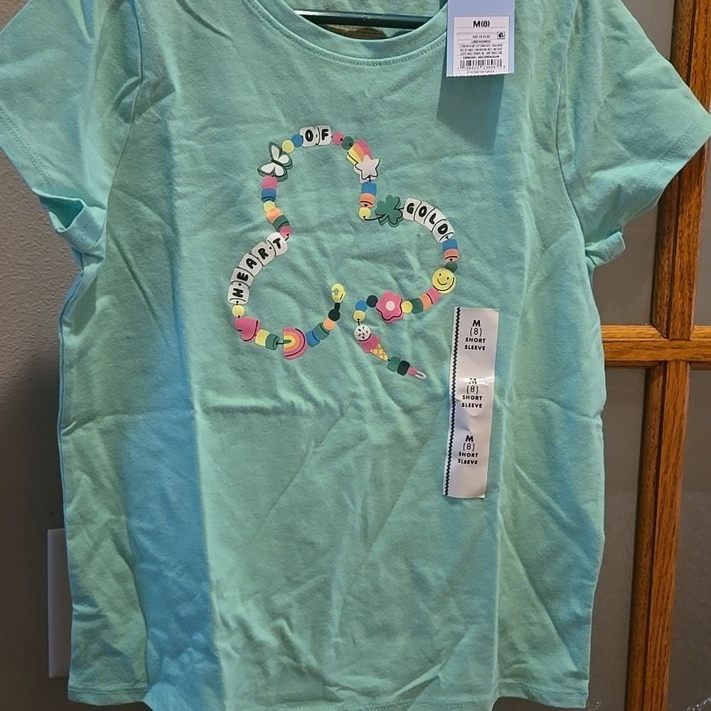 Kids Size 8 T-Shirt Green Shamrock Design Heart of gold Medium  Girls Youth New